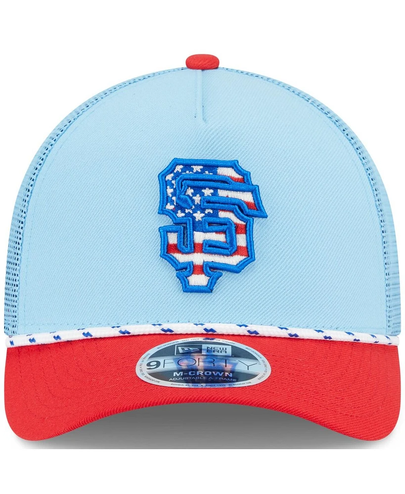 New Era Men's Light Blue/Red San Francisco Giants 2025 Fourth of July 9FORTY A-Frame M-Crown Adjustable Trucker Hat