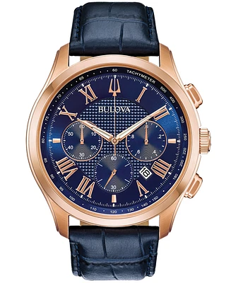 Bulova Men's Chronograph Wilton Blue Leather Strap Watch 46.5mm