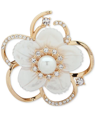 Anne Klein Gold-Tone Imitation Pearl, Mother-of-Pearl & Crystal Flower Pin, Created for Macy's