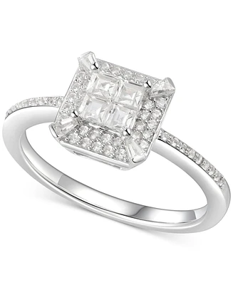 Cubic Zirconia Square Cluster Halo Ring Sterling Silver