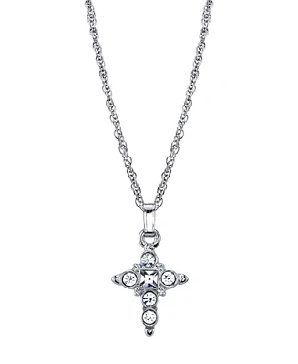 2028 Silver Tone Crystal Cross Pendant Necklace 16" Adjustable