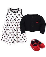 Hudson Baby Baby Girls Hudson Cotton Dress, Cardigan and Shoe 3pc Set, Scottie Dog, 6-9 Months