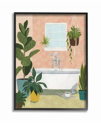 Stupell Industries Peach Walls Bathroom Oasis Scene with Fiddle Leaf Plants Framed Texturized Art, 16" L x 20" H