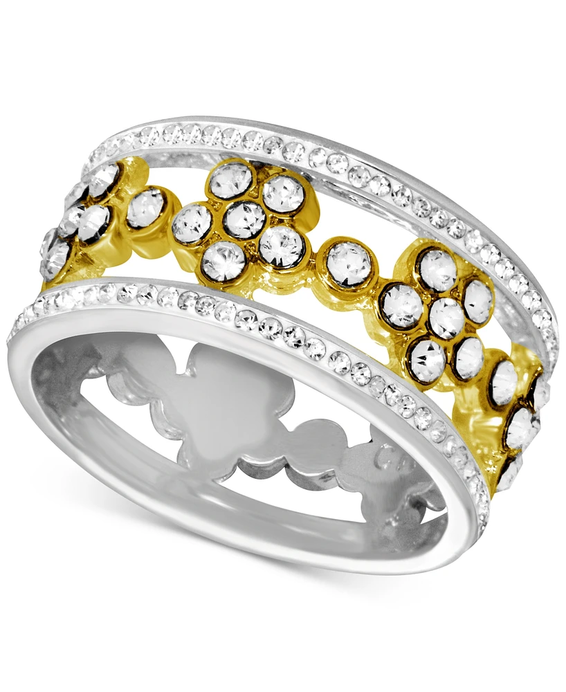 Essentials Floral Crystal Openwork Band Ring Two-Tone Plate