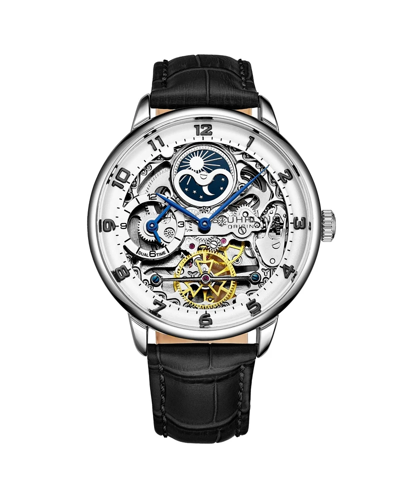 Stuhrling Men's Black Leather Strap Watch 40mm