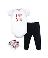 Little Treasure Baby Boys Cotton Bodysuit, Pant and Shoe 3pc Set, Love Always Wins, 9-12 Months