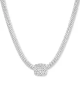 Cubic Zirconia Square Charm Mesh Link Pendant Necklace in Sterling Silver, 18" + 2" extender