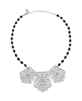 2028 Silver-Tone Black beaded Chain Metal Collar 16" Adjustable Necklace