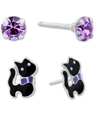 2-Pc. Set Crystal & Cat Stud Earrings in Sterling Silver