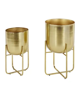 Contemporary Style Large Round Metallic Planters in Stands, Set of 2