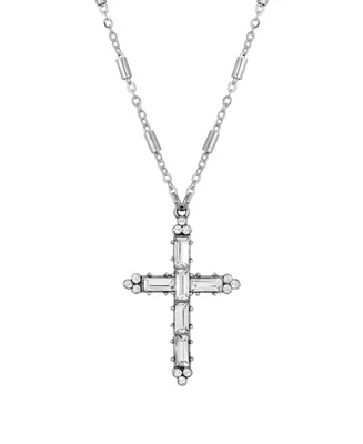 Pewter Crystal Cross Silver-Tone Chain Necklace