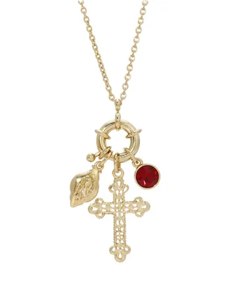 14K Gold-Dipped Red Stone and Cross Charm Necklace