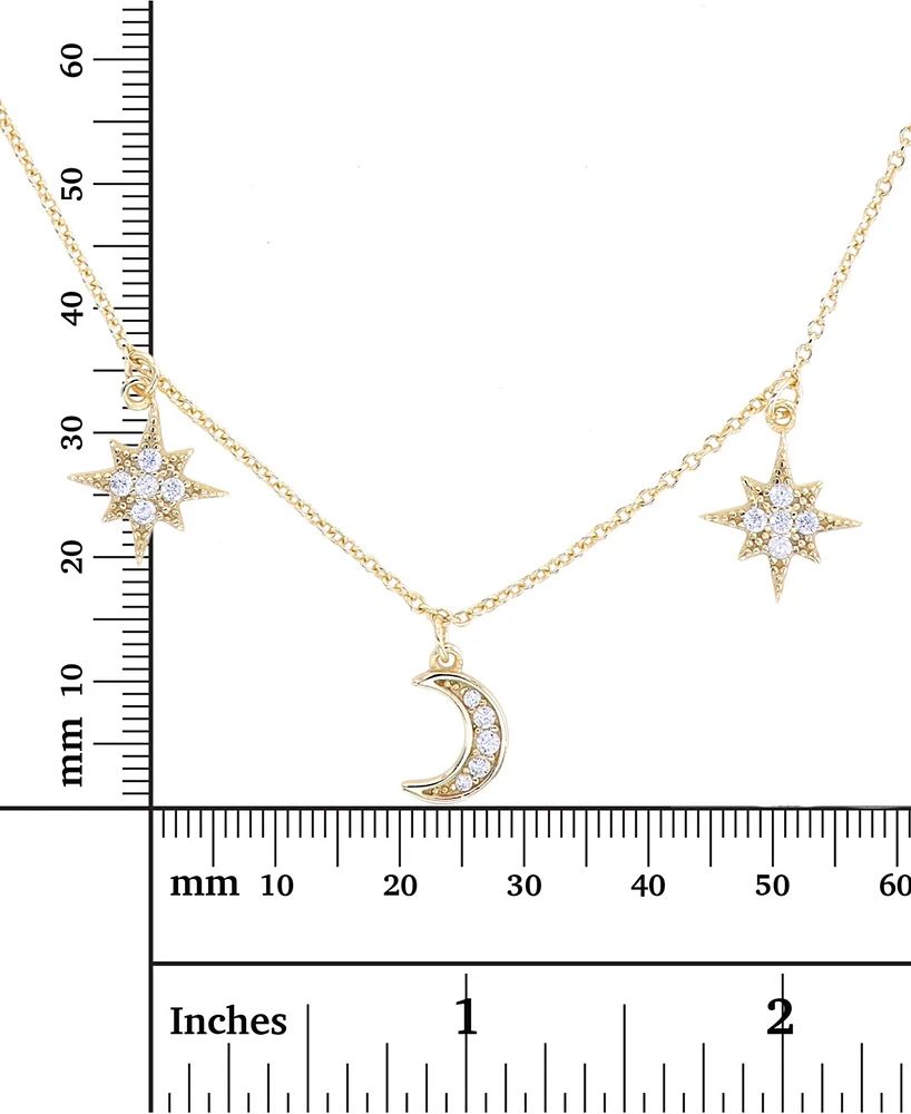 Cubic Zirconia Star & Moon Dangle Statement Necklace Sterling Silver, 16" + 2" extender (Also 14k Gold Over Silver)
