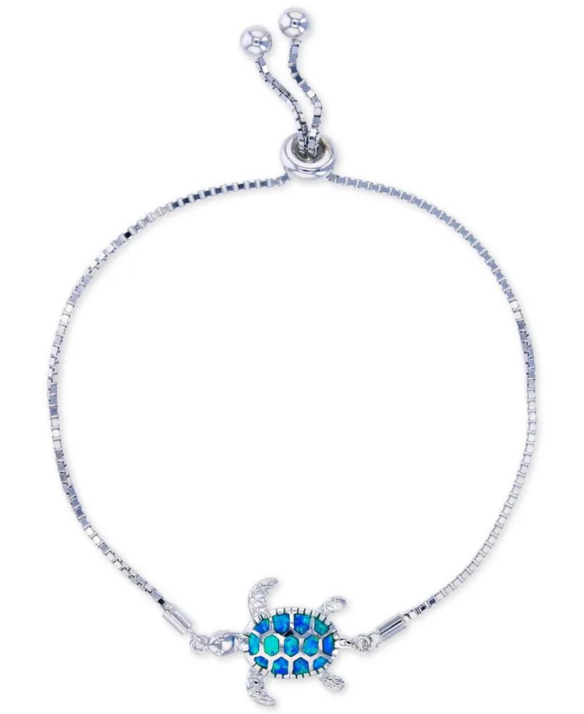 Lab-Created Blue Opal Turtle Bolo Bracelet in Sterling Silver