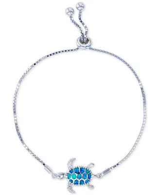 Lab-Created Blue Opal Turtle Bolo Bracelet in Sterling Silver