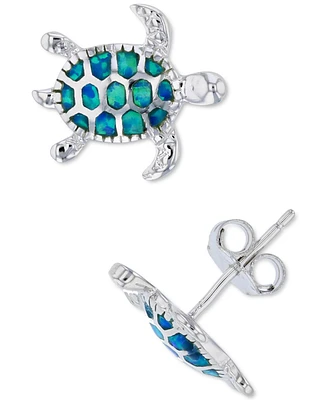 Lab-Created Blue Opal Turtle Stud Earrings in Sterling Silver
