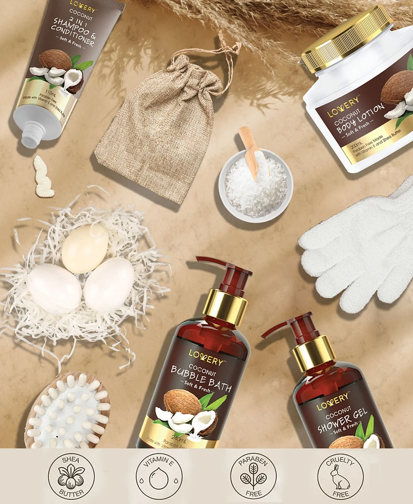 Lovery Vintage-like Clock Box Body Care Gift Set, Coconut Relaxing Home Spa Set, 13 Piece