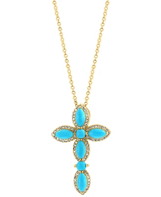 Effy Turquoise & Diamond (1/5 ct. tw.) Cross 18" Pendant Necklace in 14k Gold