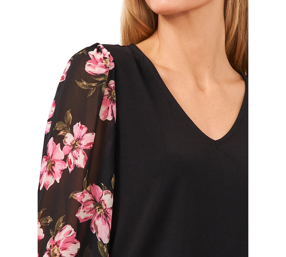 CeCe Women's 3/4-Floral Sleeve V-Neck Blouse