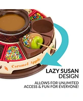 Nostalgia Lazy Susan Chocolate Caramel Apple Party with Heated Fondue Pot, 25 Sticks, Decorating and Toppings Trays