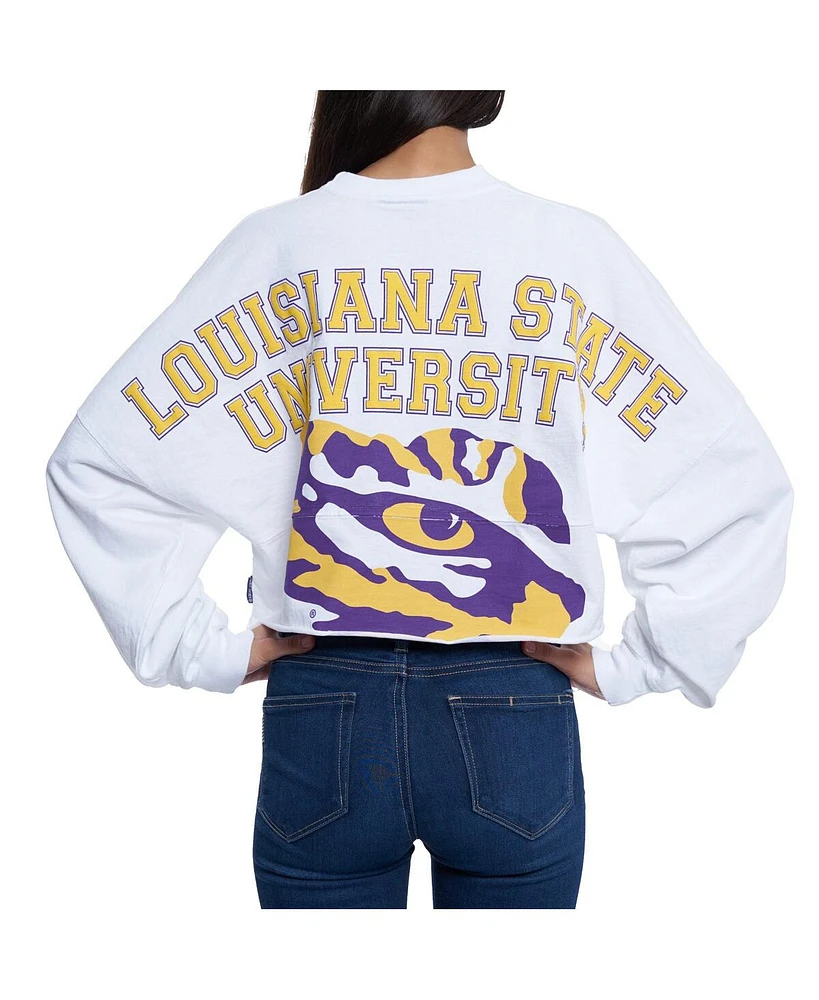 Women's White Lsu Tigers Raw Hem Cropped Long Sleeve T-shirt