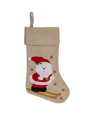 19" Burlap Skiing Santa with Poles and Snowflakes Christmas Stocking