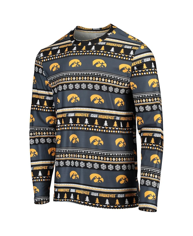 Men's Black Iowa Hawkeyes Ugly Sweater Long Sleeve T-shirt and Pants Sleep Set