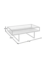 Iron Coffee Table with Glass Top and Wooden Shelf