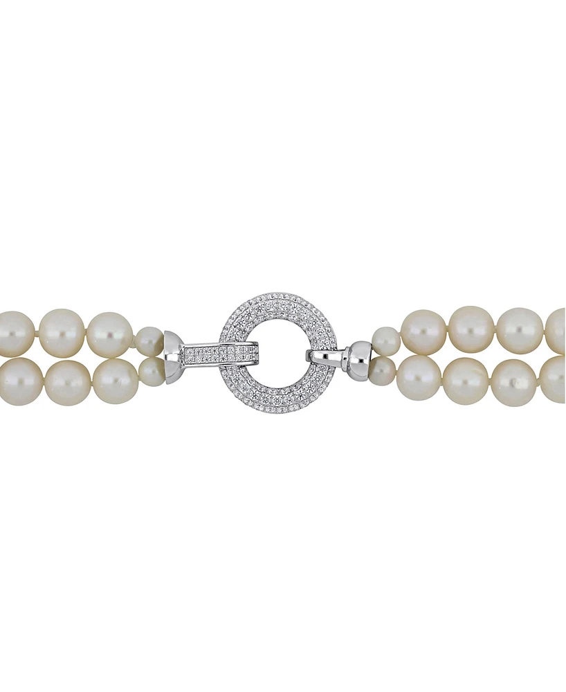 Cultured Freshwater Pearl (7 - 8mm) & Cubic Zirconia Double Strand 17" Collar Necklace