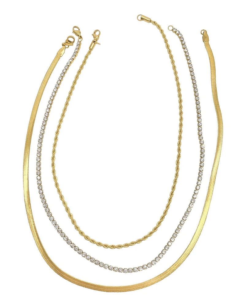 Adornia Herringbone Chain, Rope Chain, and Tennis Necklace Set