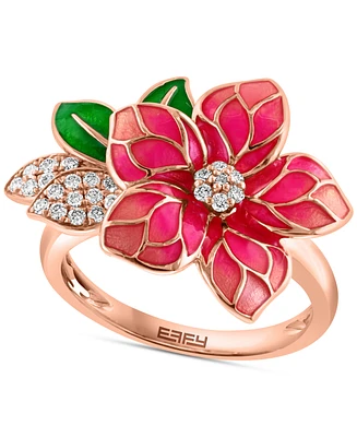 Effy Pink & Green Enamel & Diamond Flower Ring (1/5 ct. t.w.) in 14k Rose Gold