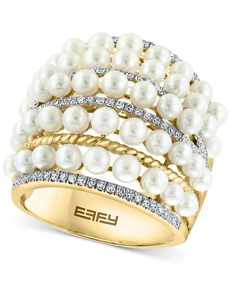 Effy Cultured Freshwater Pearl (4mm) & Diamond (3/8 ct. t.w.) Multirow Statement Ring in 14k Gold