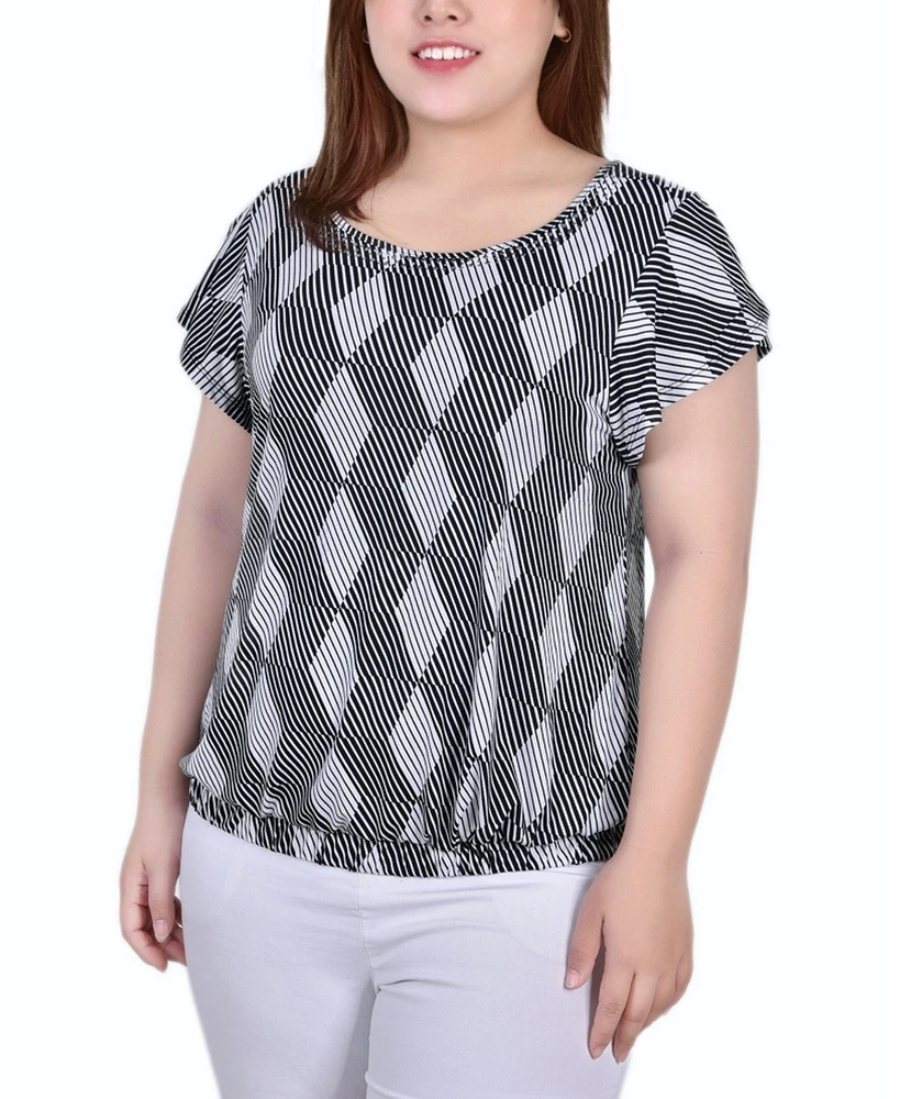 Plus Short Flutter Sleeve Top with Studded Neckline