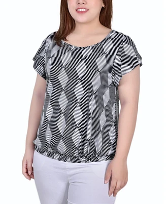 Plus Short Flutter Sleeve Top with Studded Neckline