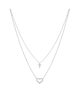 Unwritten Fine Silver Plated Cubic Zirconia Cross and Heart Layered Pendant Necklace