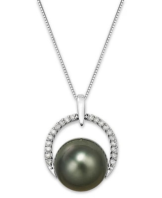 Tahitian Pearl (12 mm) and Diamond (1/5 ct. t.w.) Arch Pendant Necklace in 14k White Gold
