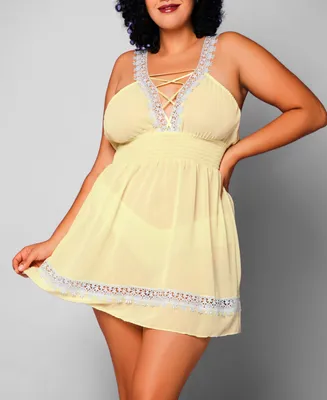 iCollection Women's Daisy Plus Chiffon and Lace Chemise Panty Set