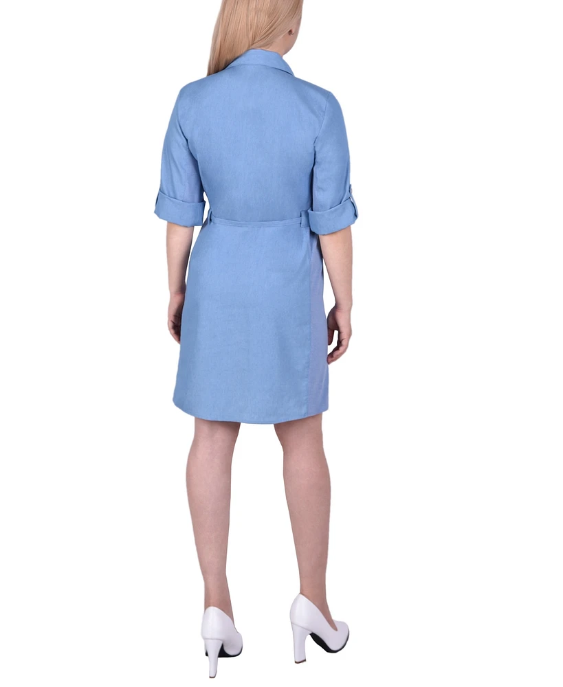 Petite 3/4 Roll Tab Sleeve Denim Dress