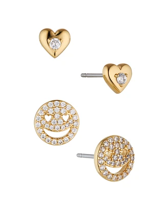 Ava Nadri Heart Shape Stud and Smiley Face Earring Set, 4 Pieces