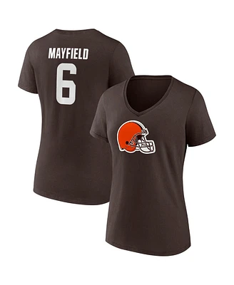 Women's Fanatics Baker Mayfield Brown Cleveland Browns Player Icon Name and Number V-Neck T-shirt