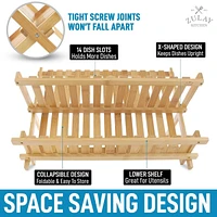 2-Tier Bamboo Collapsible Dish Drying Rack with Flatware Holder