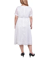 Ny Collection Plus Short Sleeve Belted Swiss Dot Dress