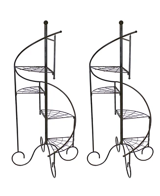 Indoor/Outdoor Iron Metal 4-Tiered Potted Flower Plant Stand with Spiral Staircase Design - 56" - Black - 2pk