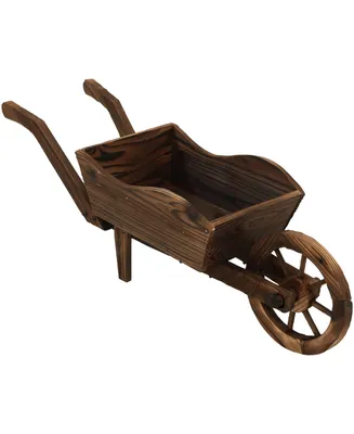 Wooden Decorative Wheelbarrow Planter for Patio, Lawn and Garden - 35" W x 10.25" D x 12" H - Brown