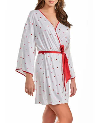 iCollection Women's Kyley Heart Print Robe with Contrast Self Tie Sash and Red Trim