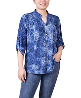 Ny Collection Petite 3/4 Roll Tab Sleeve Smocked-Yoke Top