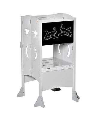 Qaba Kids Kitchen Foldable Step Stool w/ Chalkboard & Handrail 3-6 Yrs Old