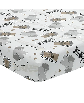 Lambs & Ivy Baby Jungle Safari 100% Cotton White/Gray Elephant/Lion Fitted Crib Sheet