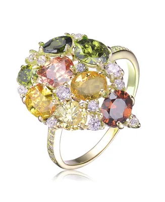 Sterling Silver with 14K Gold Plated Multi Colored Oval and Round Cubic Zirconia Pave Ring