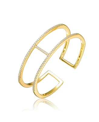 Sterling Silver 14K Gold Plated Clear Cubic Zirconia 2-Row Cuff Bracelet